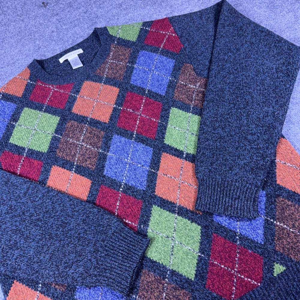 Geoffrey Beene Mens XL Lambswool Argyle Crewneck Sweater Dark Academia